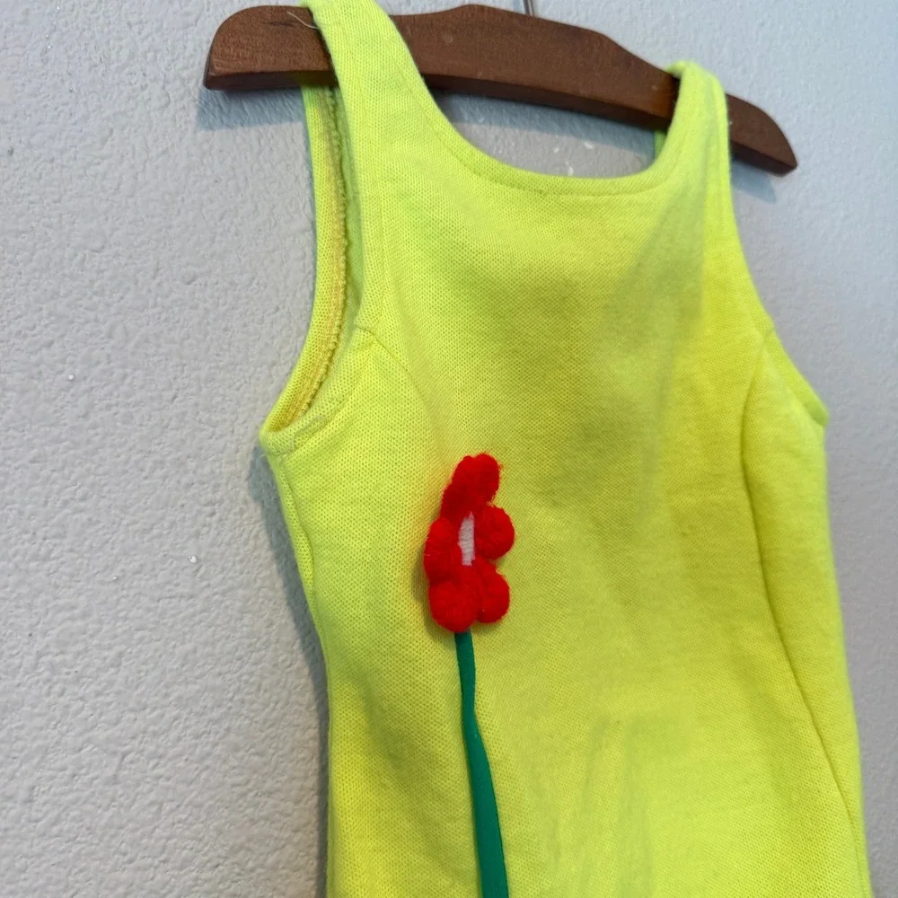 Kids Neon Yellow Sleeveless Leotard Bodysuit Red Flower Applique 3T